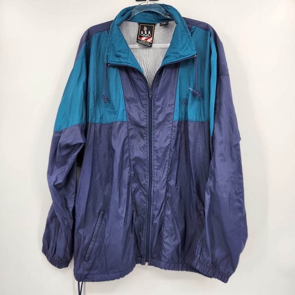 JcPenney Vtg USA Olympics Windbreaker Jacket Unisex Size XL Teal Navy Full Zip